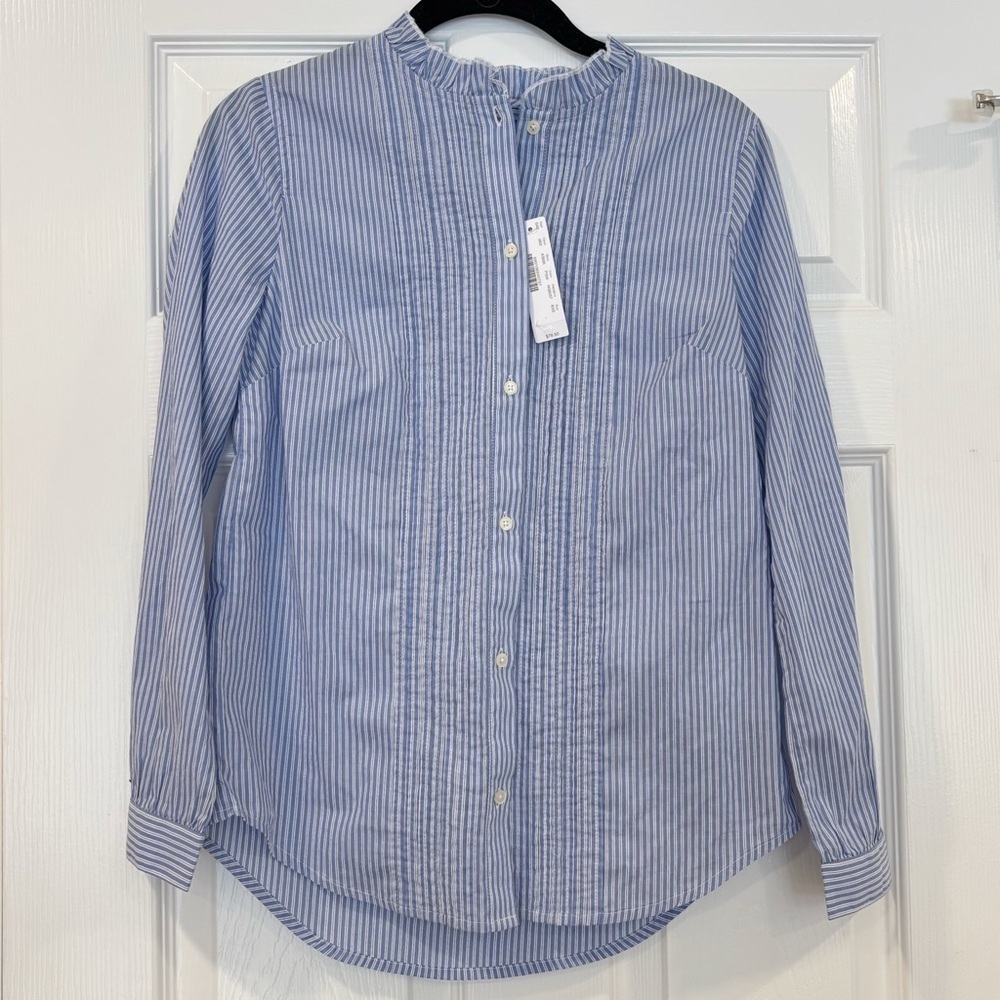 NWT J. Crew Women's Ruffleneck Button Down Shirt Size XXS Blue & White Stripes
